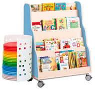 Maxi meuble pyramide expositeur de livres avec roues +  panier coussins ronds