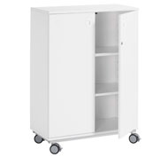 Armoire basse à roulettes white2 hauteur. 110 cm et 2 étagères. Porte entière avec serrure.