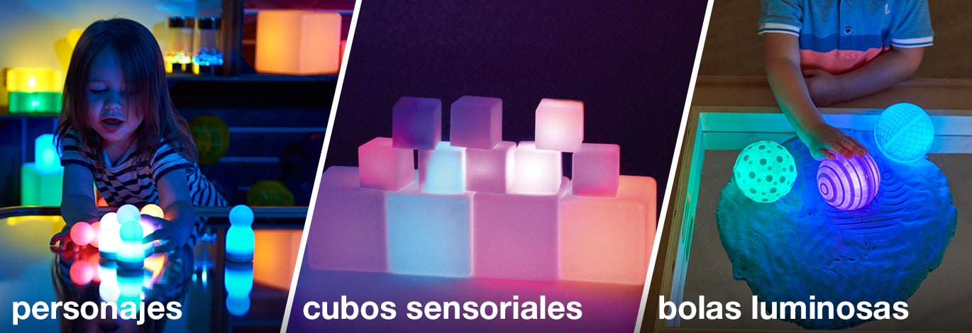 Personajes, cubos sensoriales y bolas luminosas